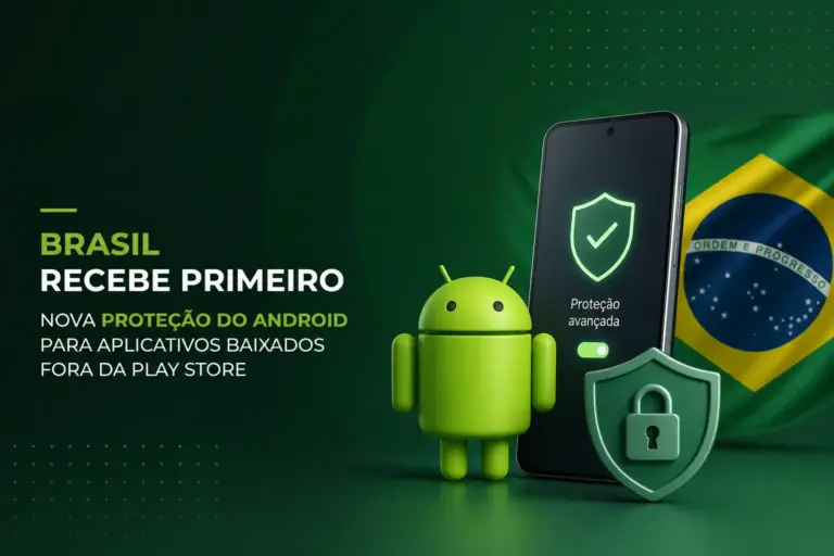 Mascote do Android com smartphone e bandeira do Brasil, segurança realçada