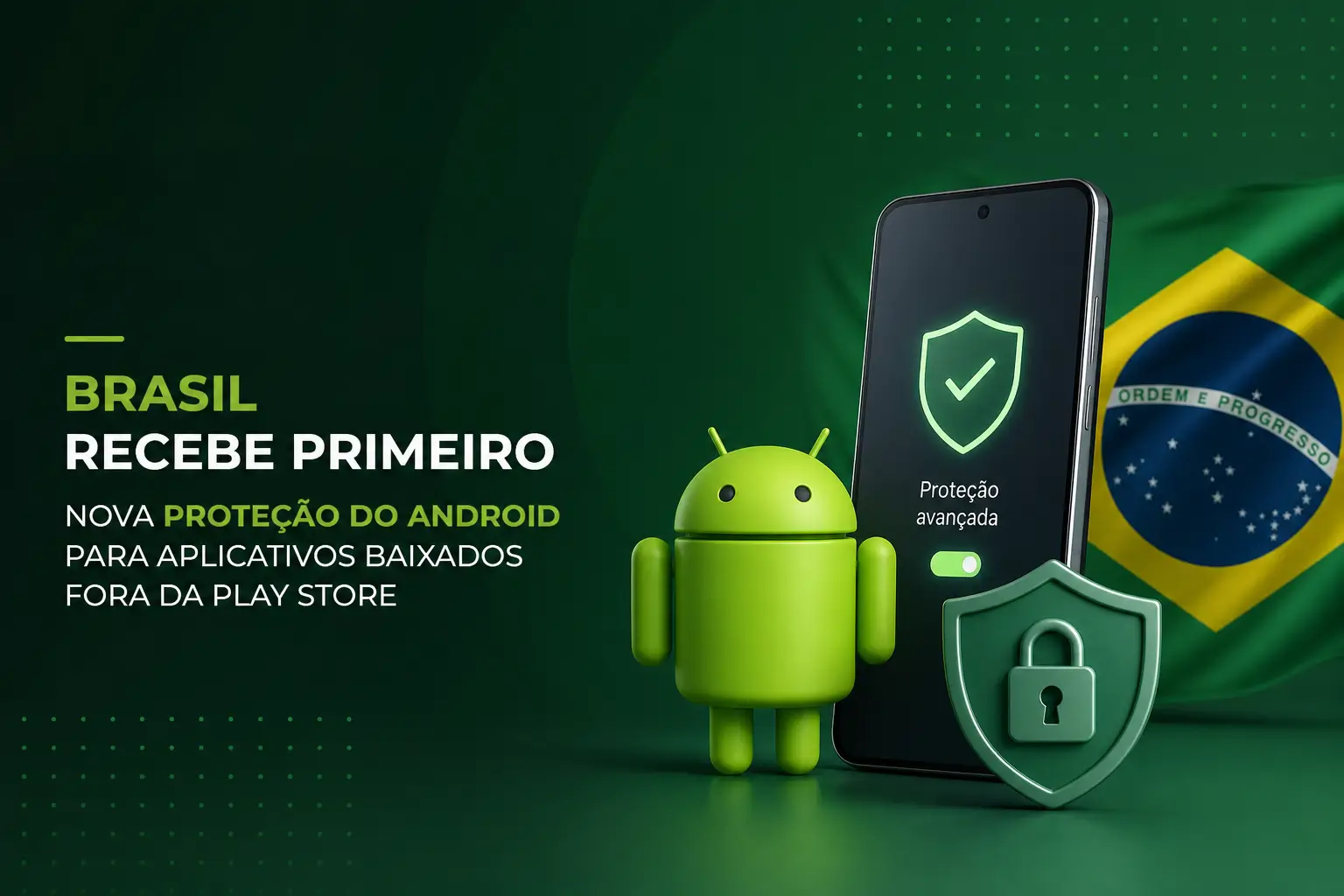 Mascote do Android com smartphone e bandeira do Brasil, segurança realçada