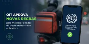 Smartphone com logo da OIT e figura em motocicleta com bolsa