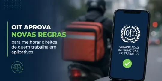 Smartphone com logo da OIT e figura em motocicleta com bolsa