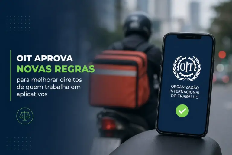 Smartphone com logo da OIT e figura em motocicleta com bolsa