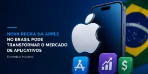 Smartphone Apple com ícones de apps, gráfico e dólar, bandeira do Brasil ao fundo. Nova regra transforma mercado.