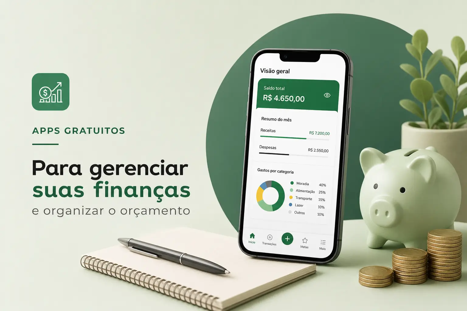 Aplicativo de gestão financeira com tela mostrando balanço para 2026