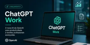 Laptop moderno com logo ChatGPT Work e ícones de produtividade, 