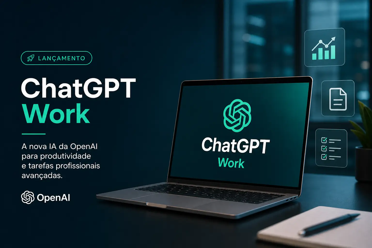 Laptop moderno com logo ChatGPT Work e ícones de produtividade, "LANÇAMENTO"