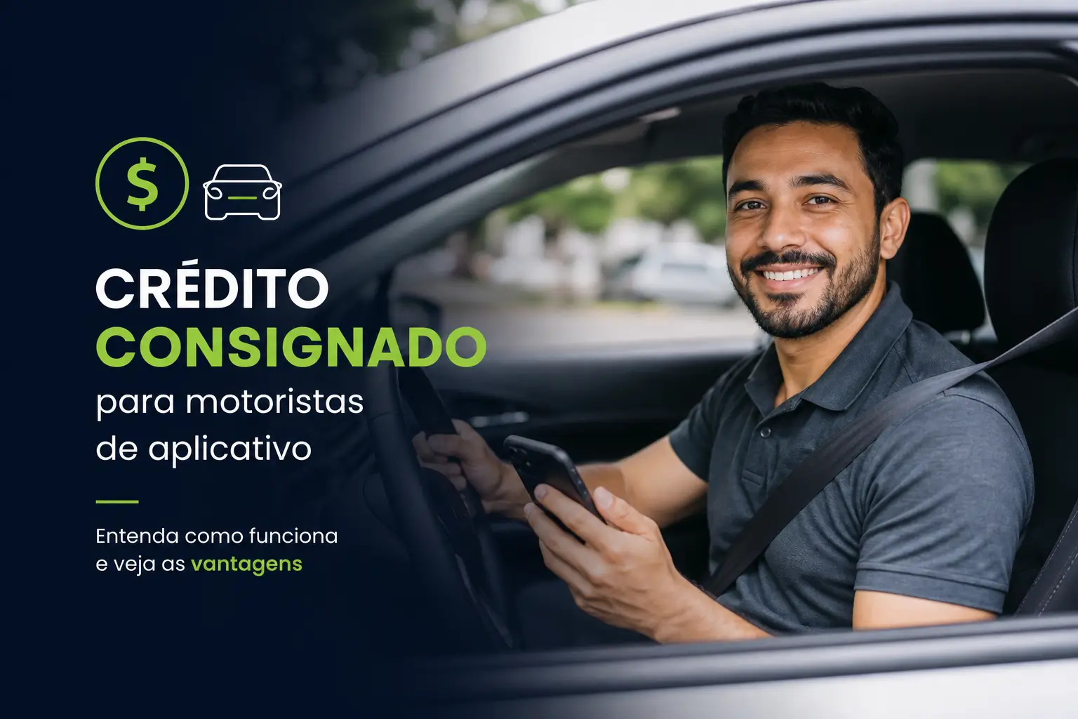 Motorista de app com smartphone aprendendo sobre crédito consignado