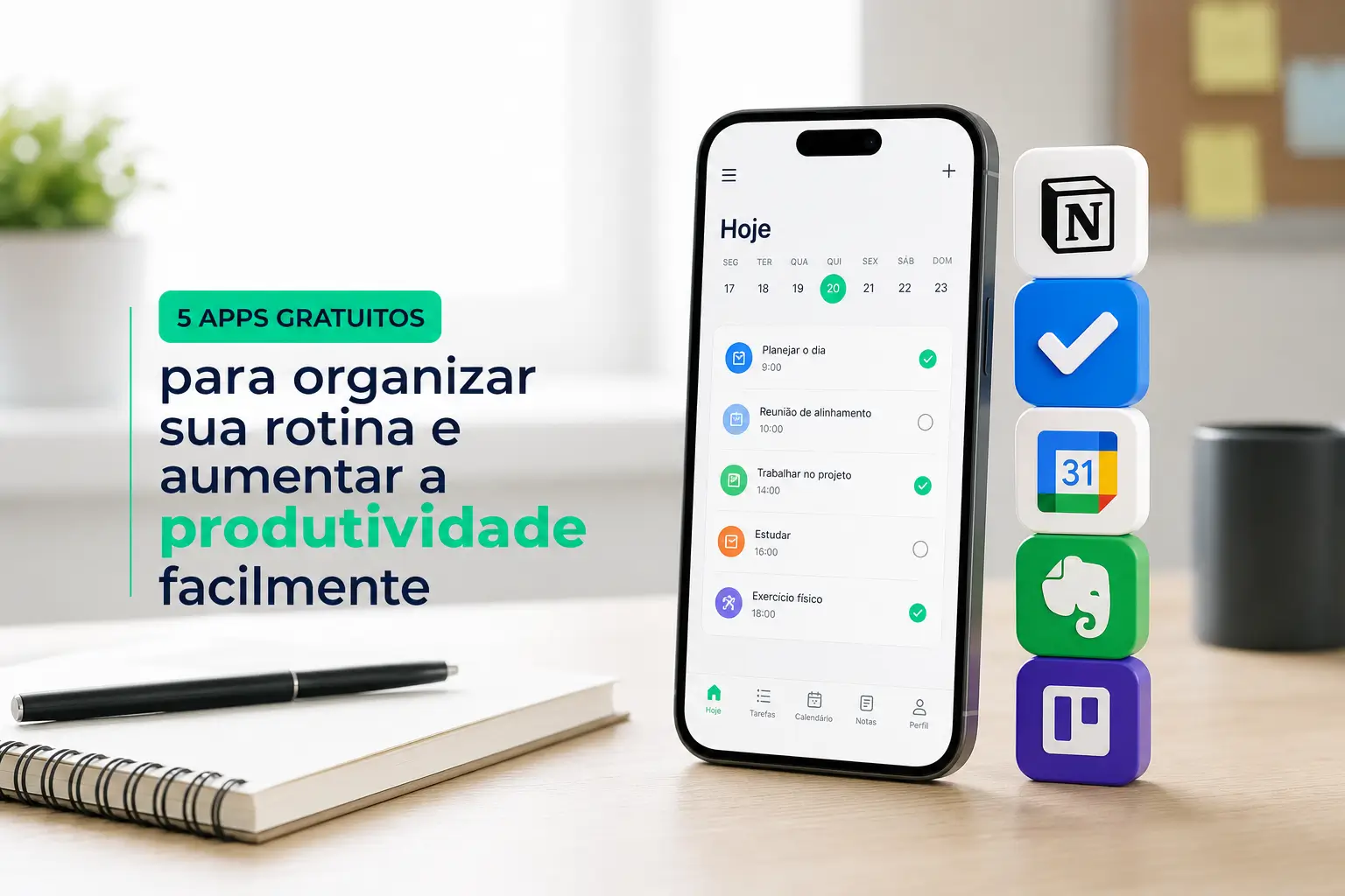 Smartphone com app de produtividade e ferramentas para 2026