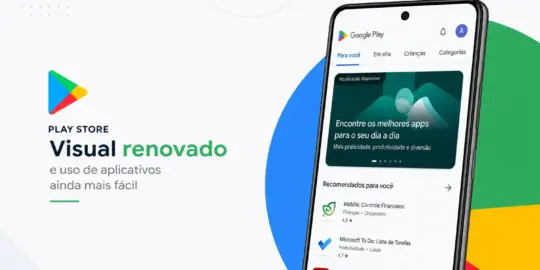 Smartphone com apps de finanças e interface Google Play