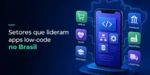 Smartphone com ícones de setores em um pedestal azul 2026