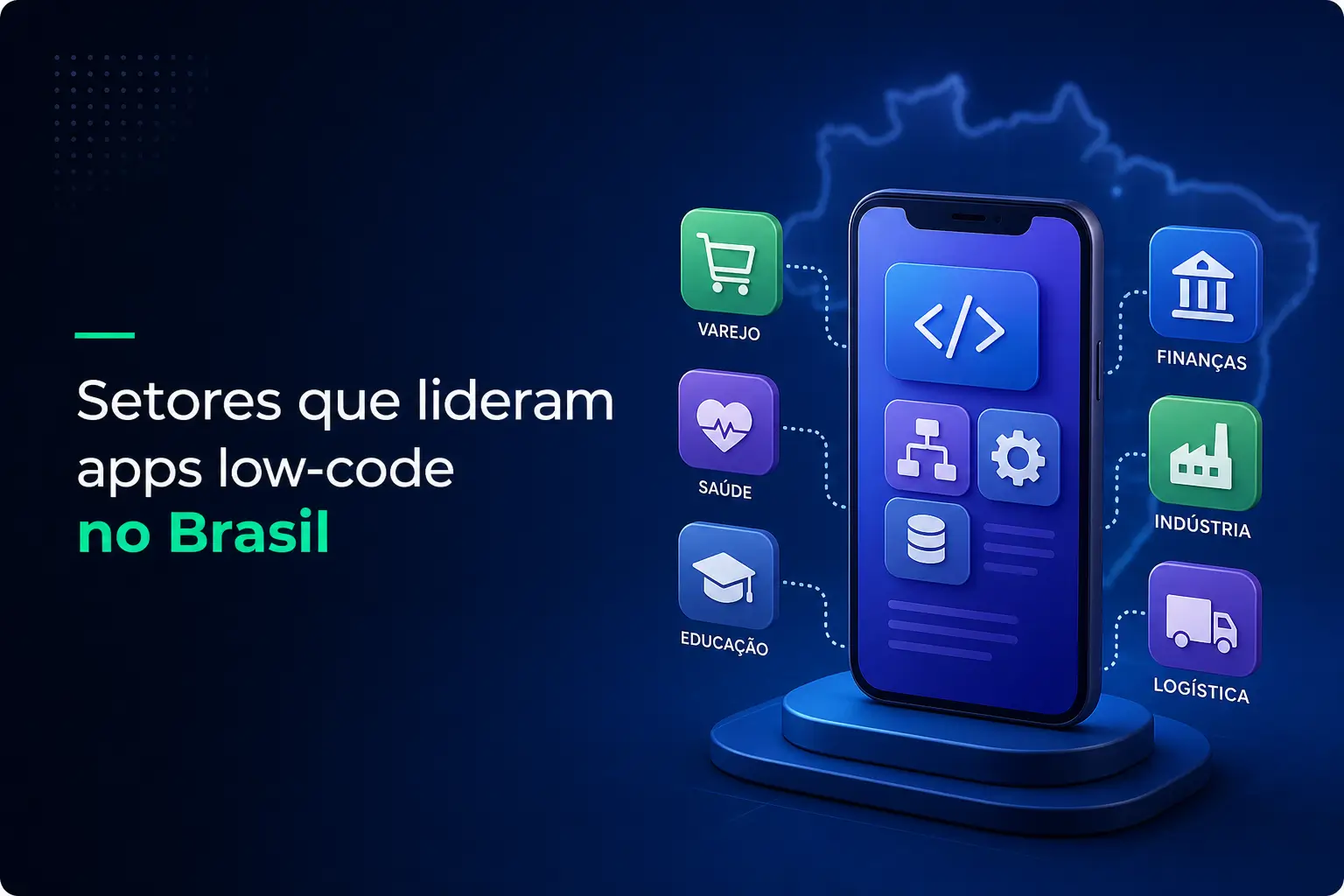 Smartphone com ícones de setores em um pedestal azul 2026