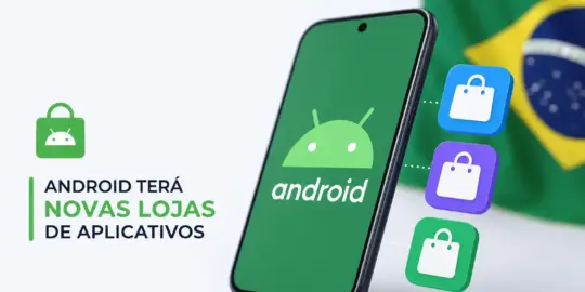Smartphone com logo do Android e bandeira brasileira ao fundo