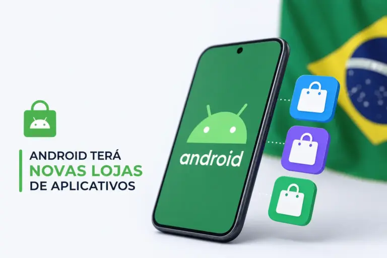 Smartphone com logo do Android e bandeira brasileira ao fundo