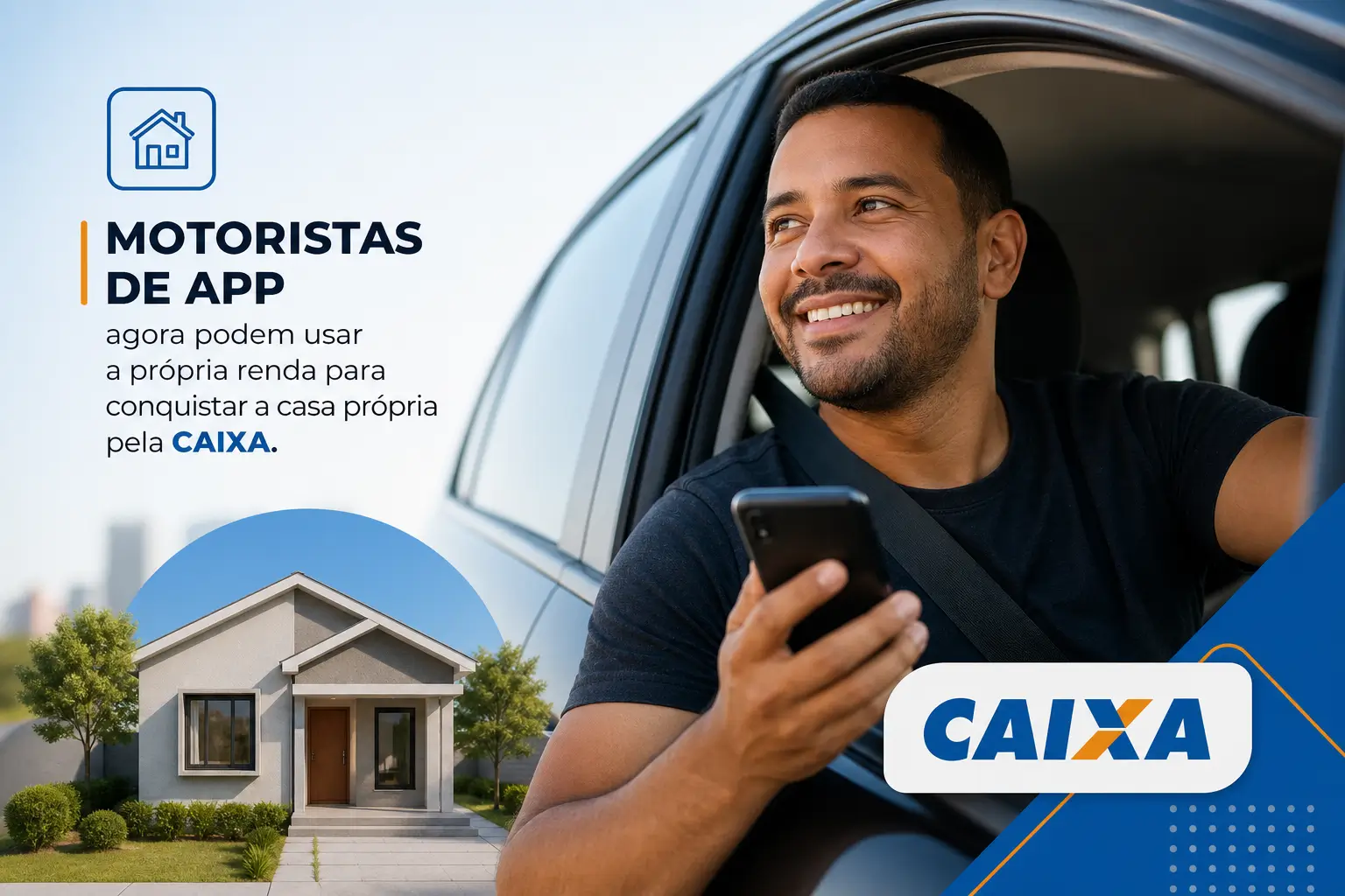 Homem feliz usa app para financiar casa própria pela CAIXA