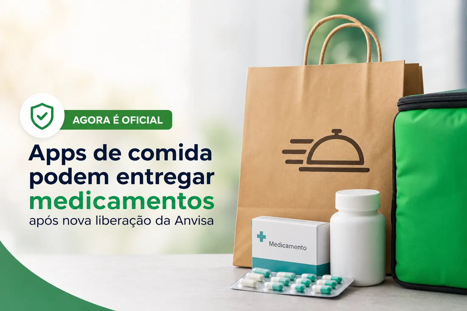 Saco de papel e remédios simbolizando entrega de medicamentos