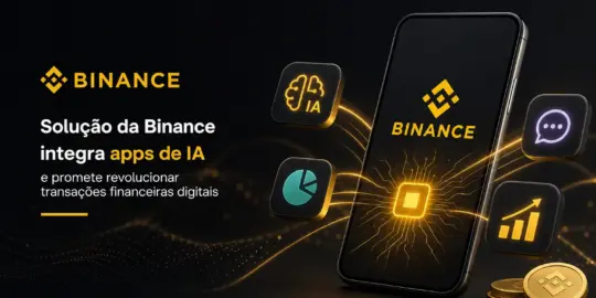 Smartphone com logo da Binance e ícones de IA em fundo escuro
