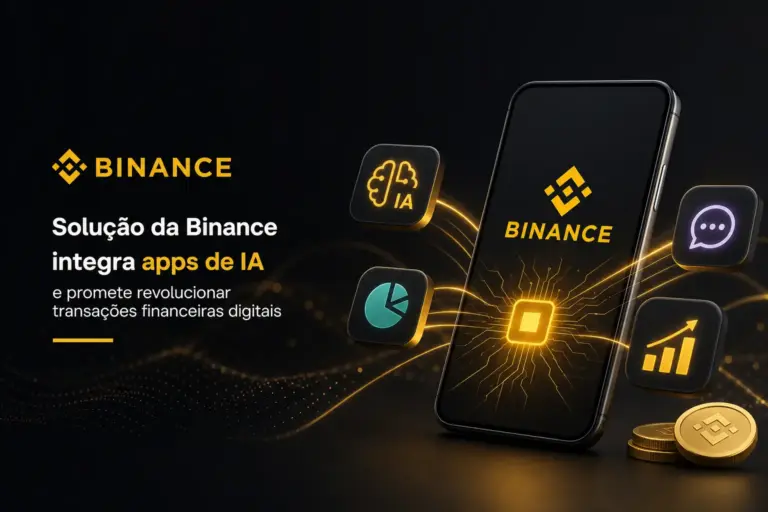 Smartphone com logo da Binance e ícones de IA em fundo escuro