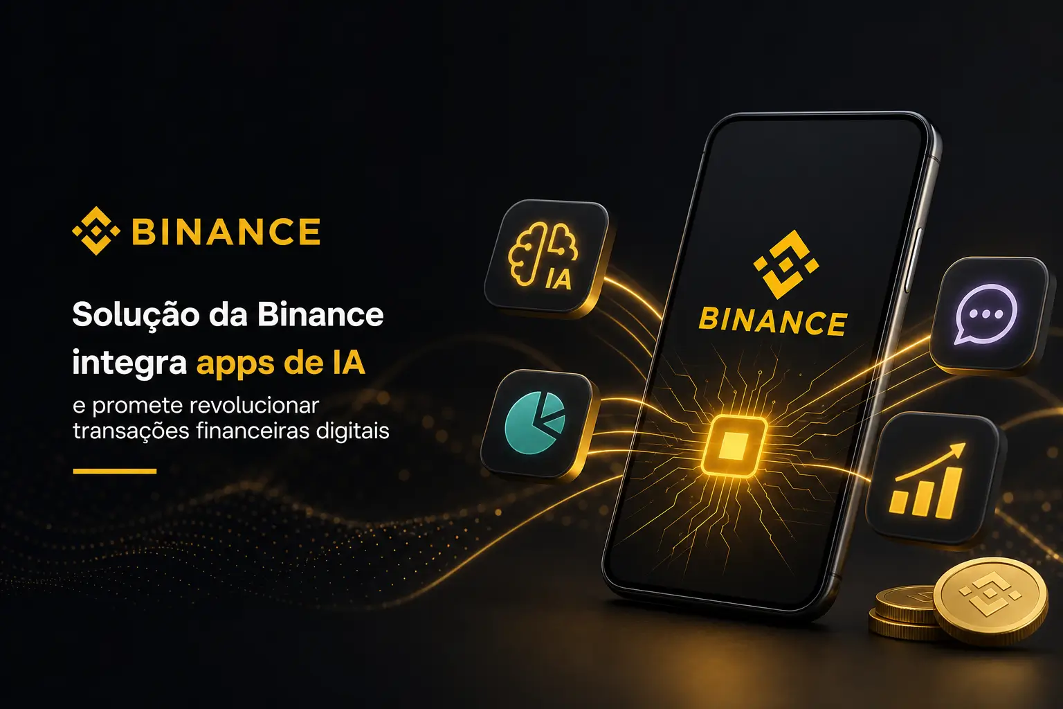 Smartphone com logo da Binance e ícones de IA em fundo escuro
