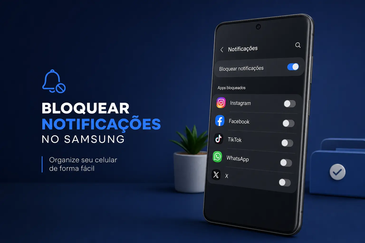 Smartphone com opções para bloquear notificações Samsung