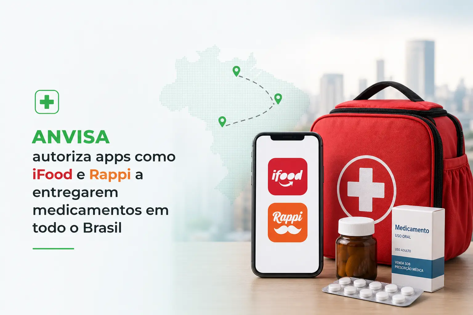 Smartphone com logos do iFood e Rappi e mapa do Brasil