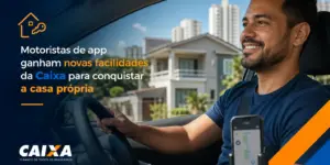 Motorista sorridente no carro com app de navegação, Caixa 2026