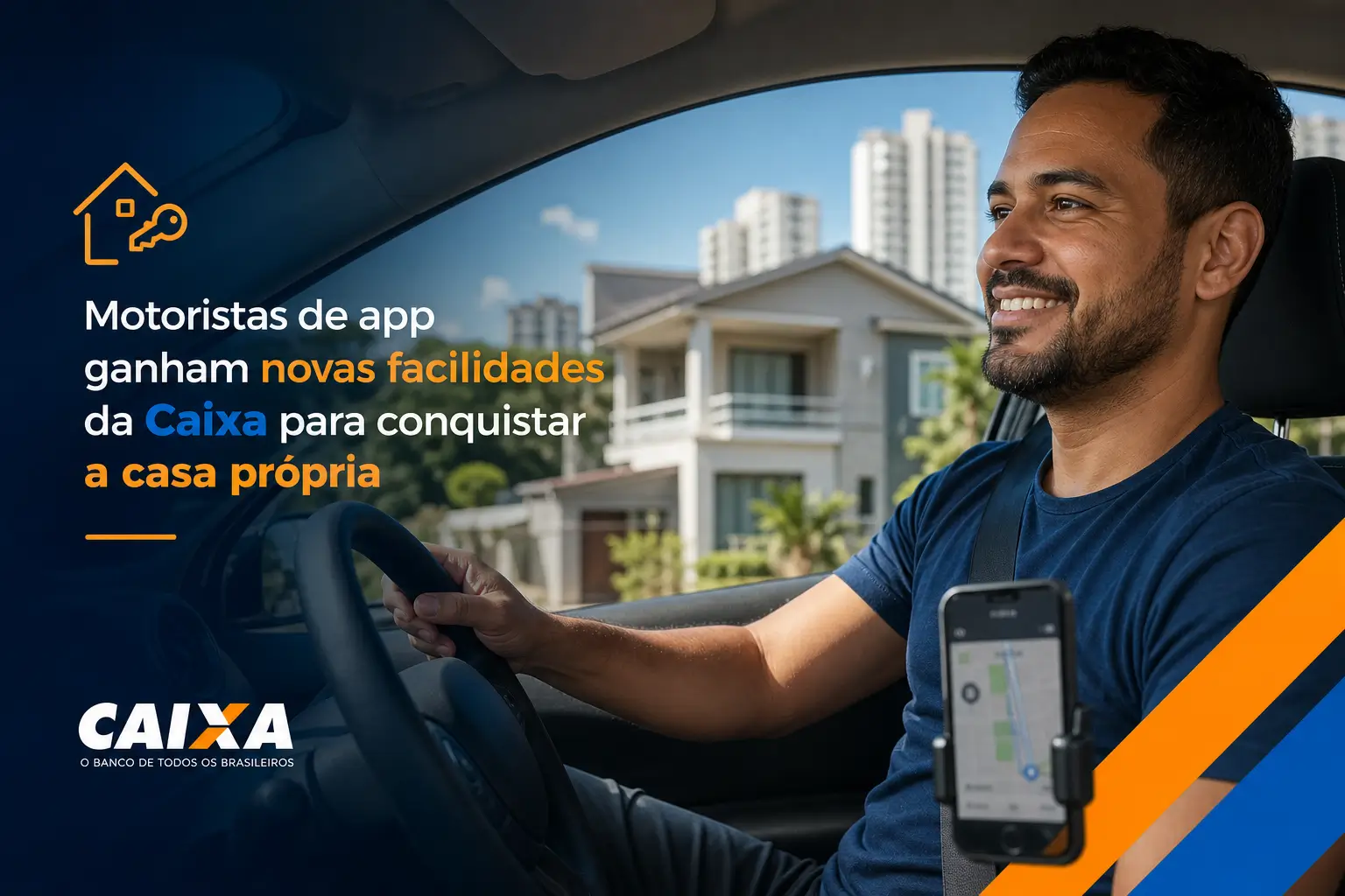 Motorista sorridente no carro com app de navegação, Caixa 2026