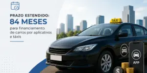 Taxi preto com sinal e skyline, texto sobre financiamento para 2026