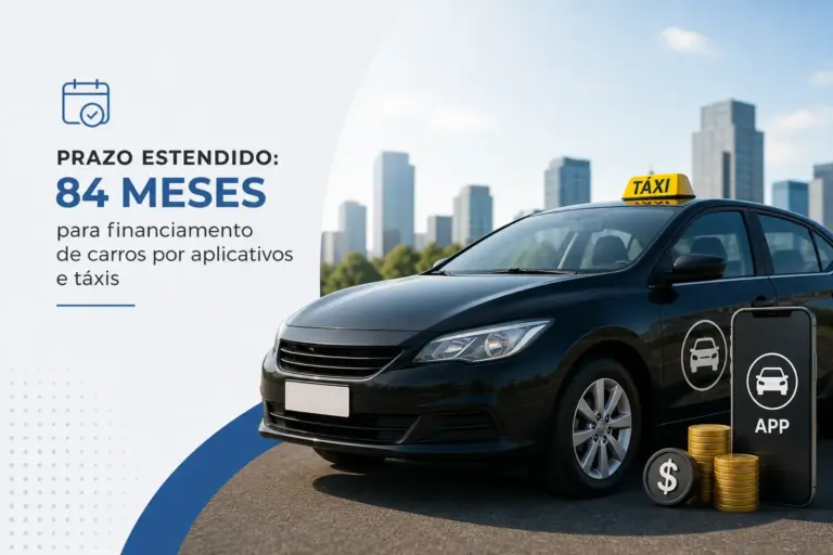 Taxi preto com sinal e skyline, texto sobre financiamento para 2026