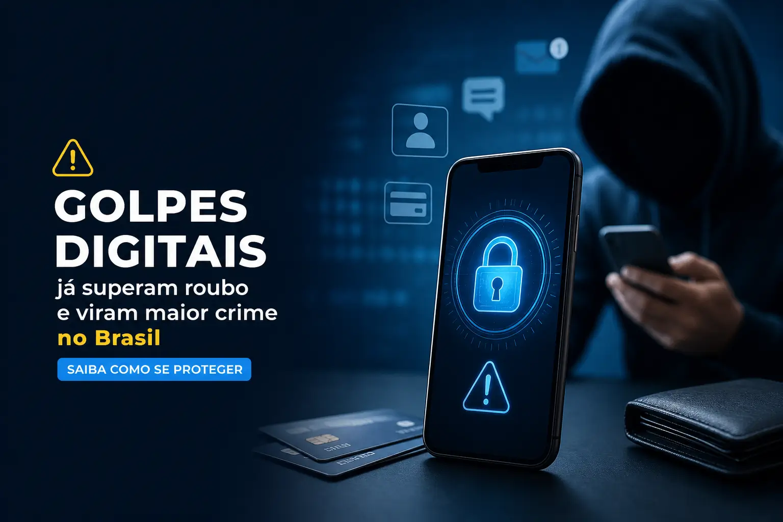 Smartphone com símbolo de cadeado e cartões de crédito, segurança digital