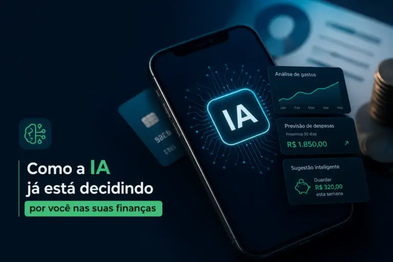 Smartphone com IA gerenciando finanças no Brasil 2026