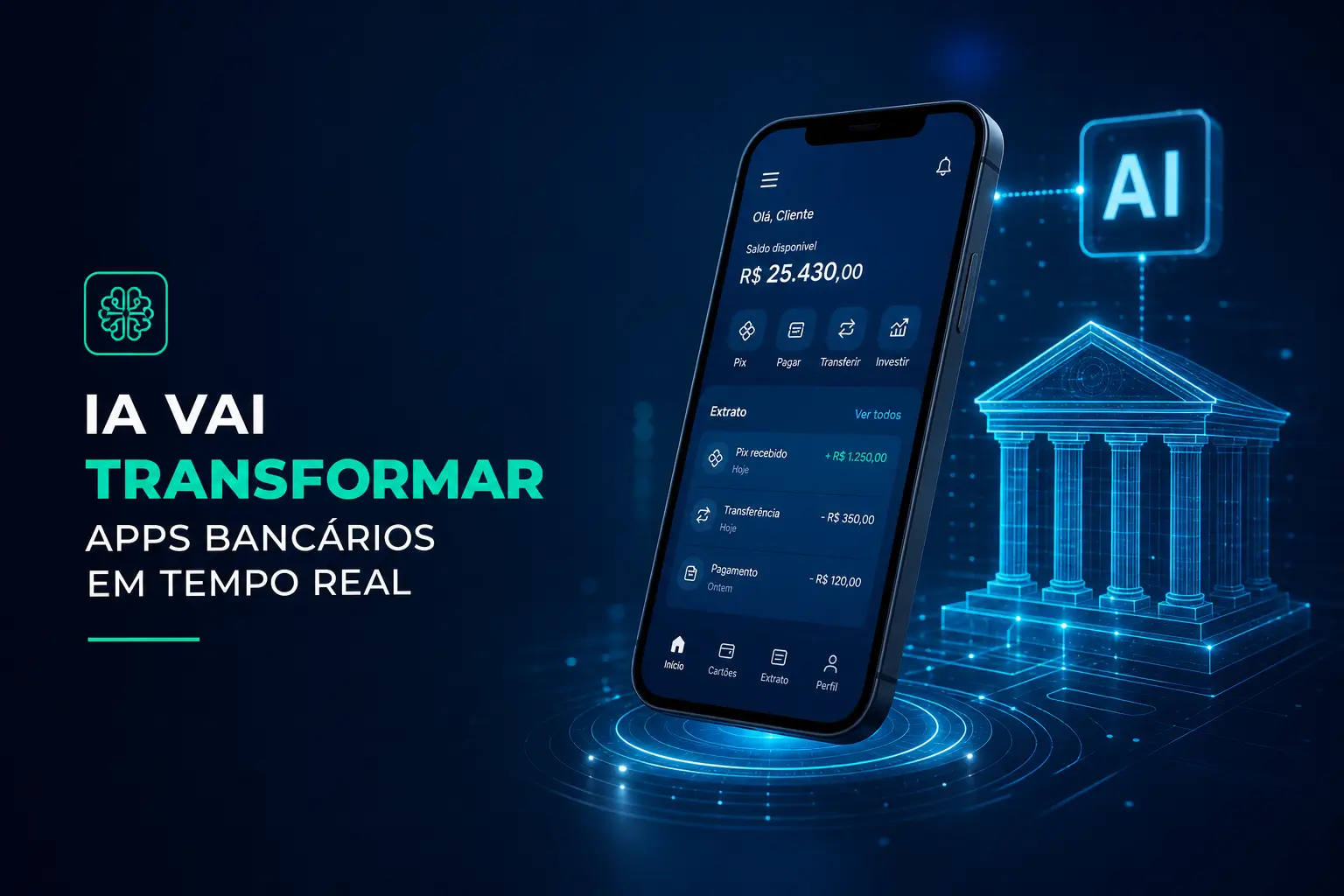 Smartphone com app bancário e AI em destaque para educação financeira