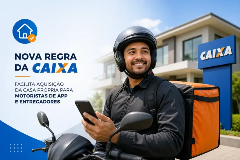 Entregador feliz em moto segurando celular com prédio da Caixa ao fundo