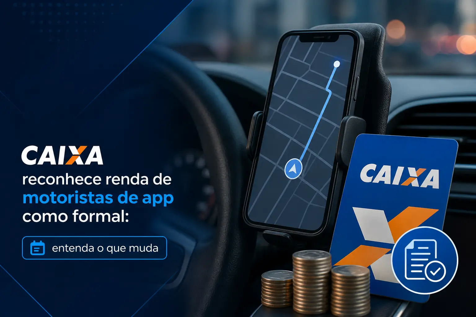 Smartphone com app de navegação e moedas, foco em 2026