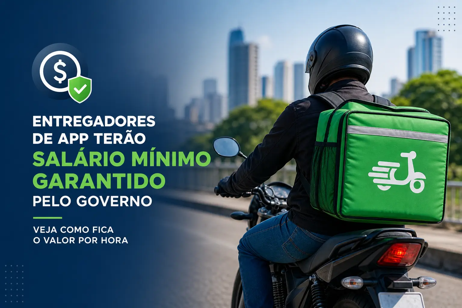 Entregador de aplicativo em motocicleta na cidade com edifícios