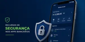 App bancário em smartphone com ênfase em segurança, saldo de R$ 5.280,40