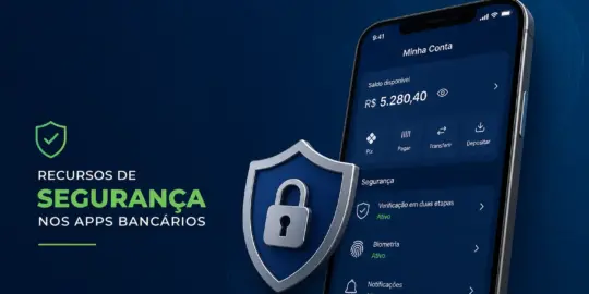 App bancário em smartphone com ênfase em segurança, saldo de R$ 5.280,40