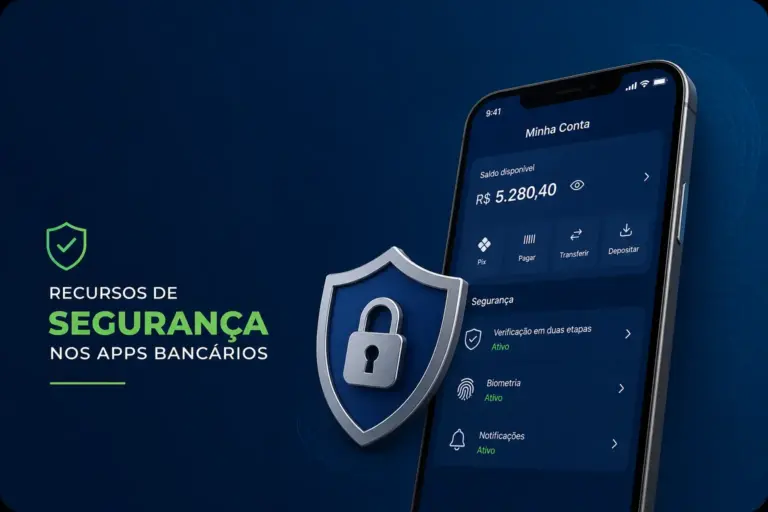 App bancário em smartphone com ênfase em segurança, saldo de R$ 5.280,40