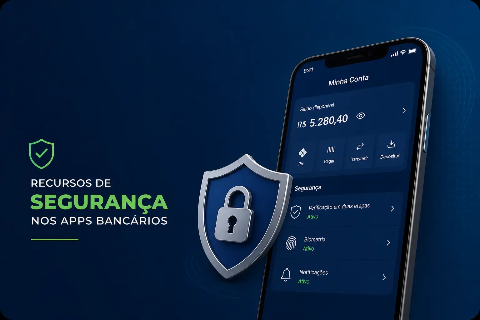 App bancário em smartphone com ênfase em segurança, saldo de R$ 5.280,40