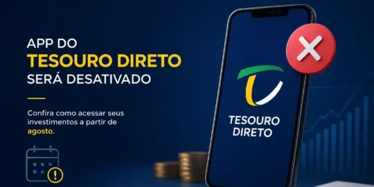 Logo do Tesouro Direto em smartphone com gráfico financeiro e aviso