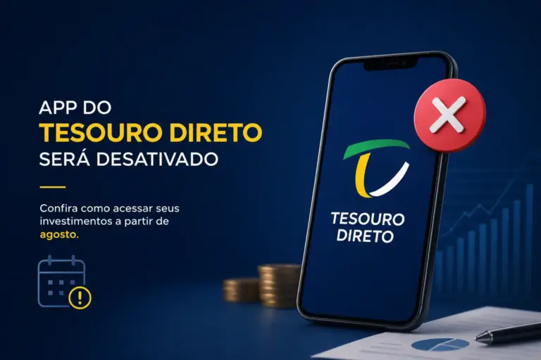 Logo do Tesouro Direto em smartphone com gráfico financeiro e aviso