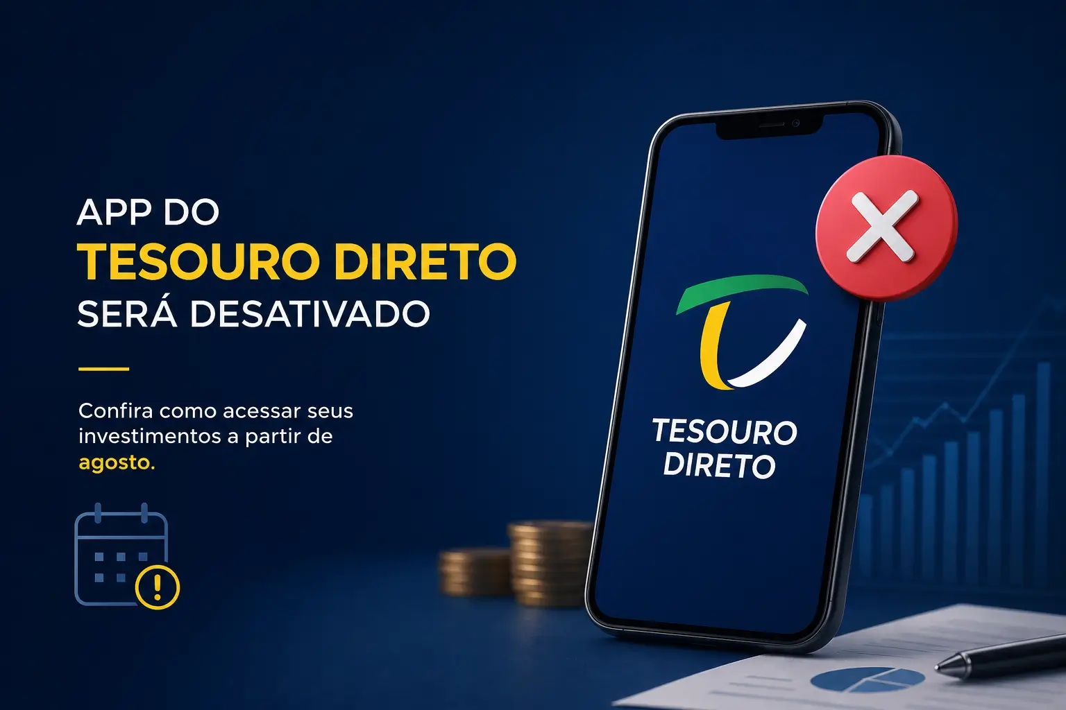 Logo do Tesouro Direto em smartphone com gráfico financeiro e aviso