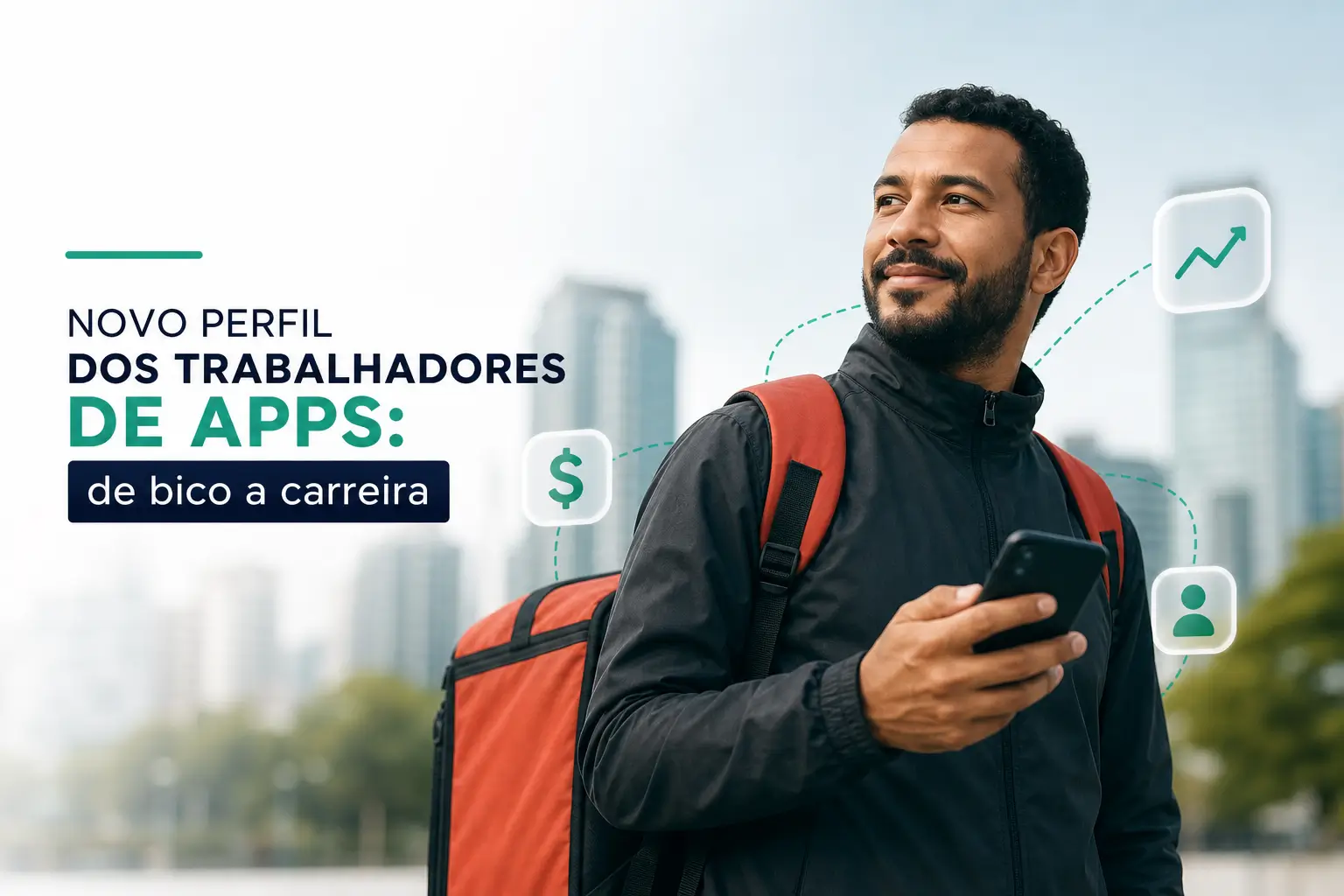 Homem urbano com smartphone e símbolos de dinheiro e carreira