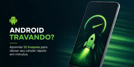 Smartphone com foguete verde e texto 'ANDROID TRAVANDO?'