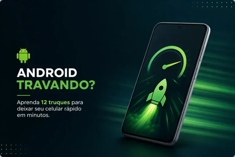 Smartphone com foguete verde e texto 'ANDROID TRAVANDO?'