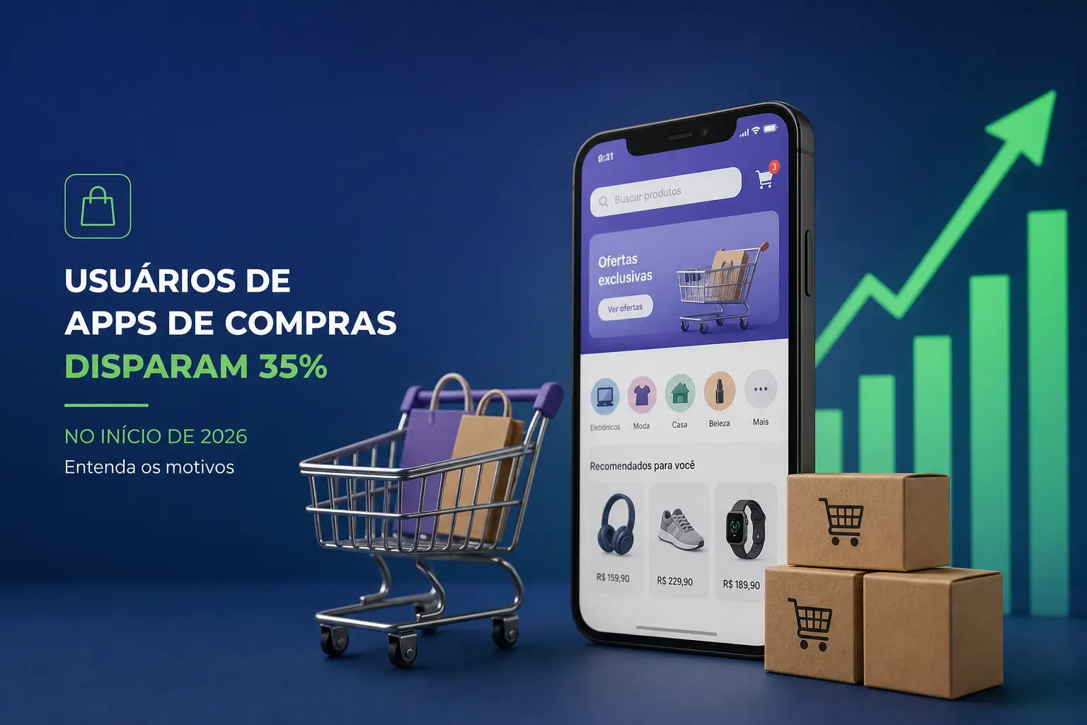 Smartphone com app de compras, carrinho e caixas no fundo azul-verde
