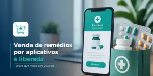 Aplicativo de saúde em smartphone com caixa de remédios ao lado