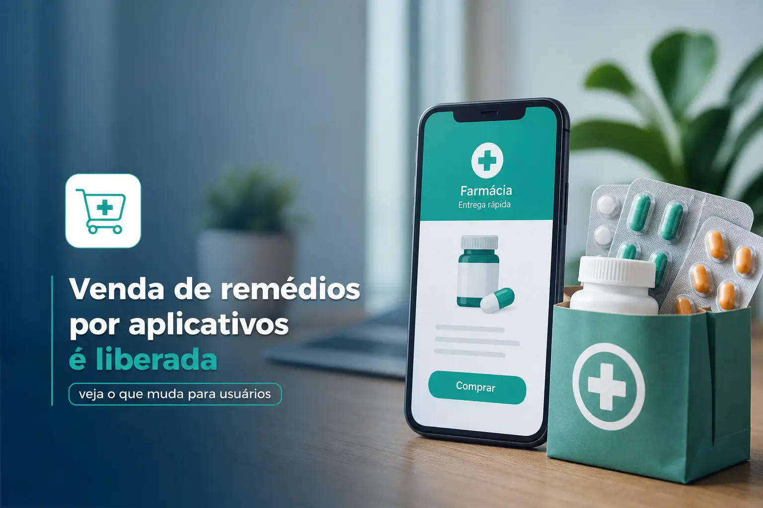 Aplicativo de saúde em smartphone com caixa de remédios ao lado