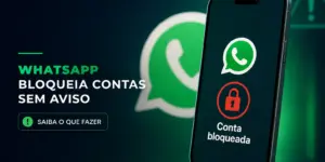 Smartphone com logo do WhatsApp e ícone de cadeado, aviso sobre bloqueio de contas