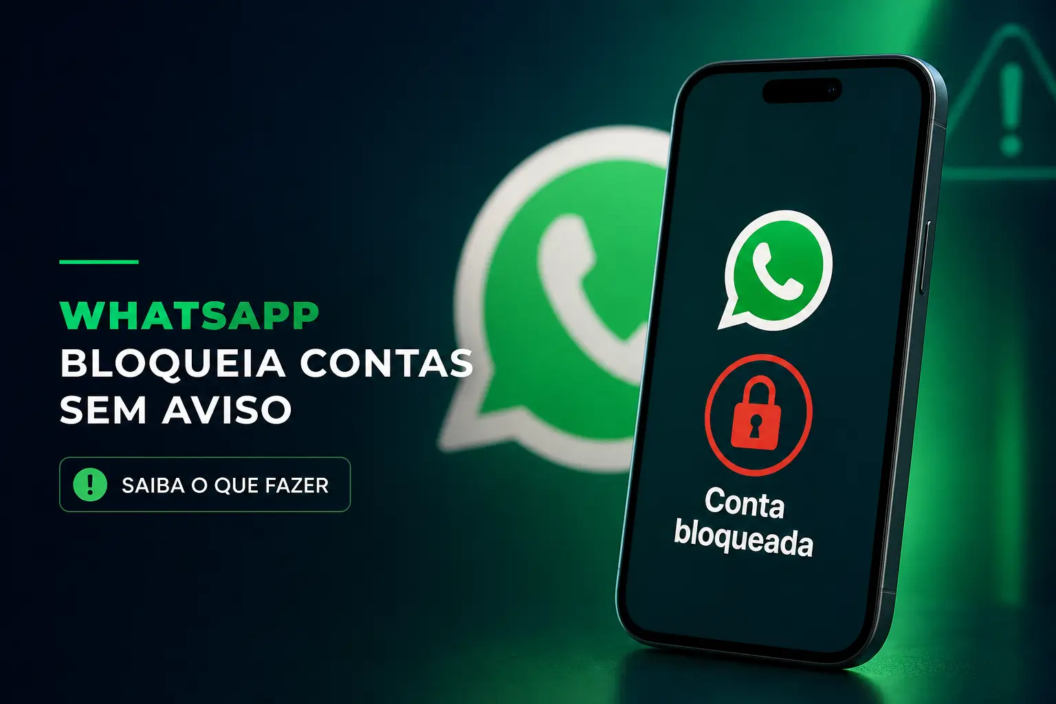 Smartphone com logo do WhatsApp e ícone de cadeado, aviso sobre bloqueio de contas