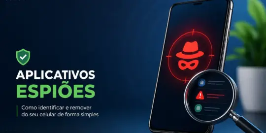 Aplicativos espiões no smartphone com figura mascarada em 2026