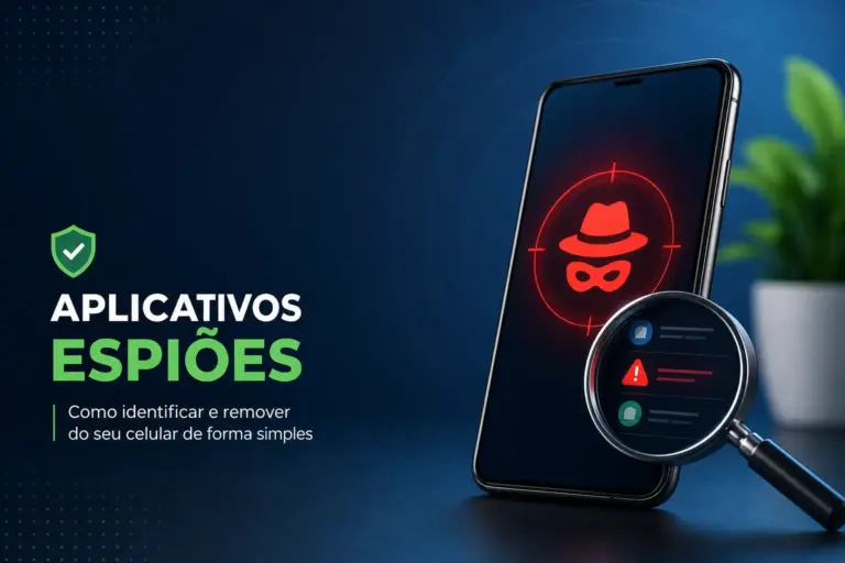 Aplicativos espiões no smartphone com figura mascarada em 2026